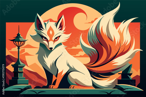 Kumiho the nine-tailed fox mythical creature Korean folklore in front of full moon vector flat illustration