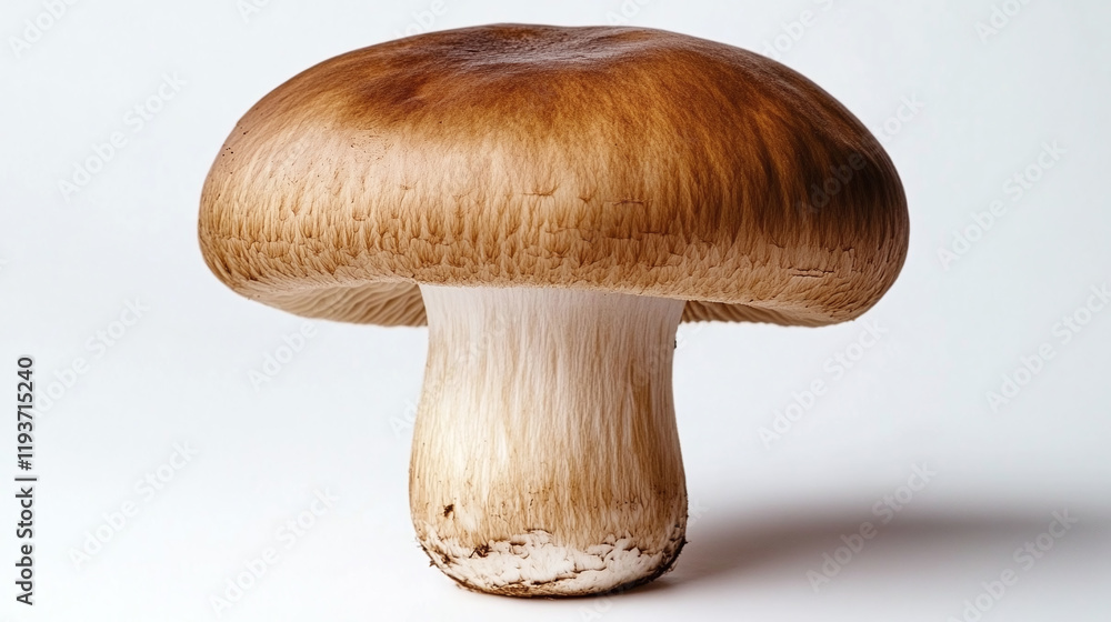 Closeup of one whole brown mushroom isolated on white background. organic raw nature fungus food plant, fresh healthy edible vegetarian champignon. Closeup of one whole brown mushroom isolated on white background. organic raw nature fungus food plant, fresh healthy edible vegetarian champignon.