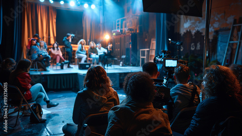 A community theater rehearsal: Cast members practicing their lines, with props and costumes creating an atmosphere of creativity.