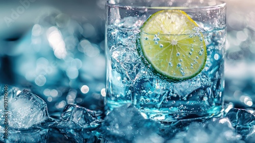 Sparkling water with lime in glass on ice. photo