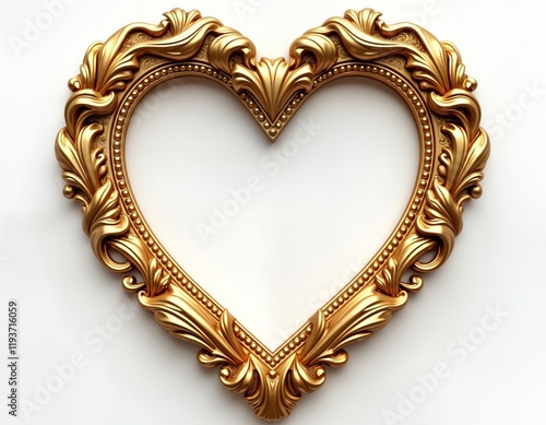 Luxurious gold heart frame for special occasions. Ornate vintage design. Shiny golden texture. Perfect for luxury gifts decorations. Ideal for wedding Valentine Day cards. Decorative frame adds photo