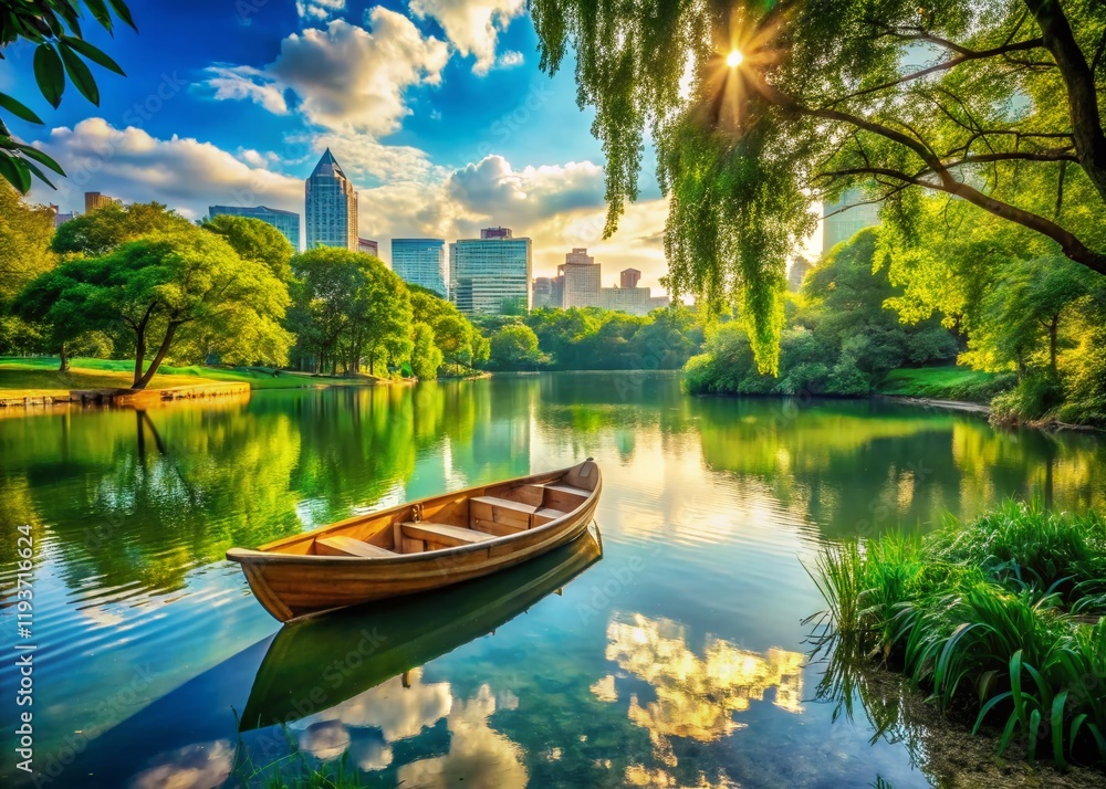 Fototapeta premium Serene Cityscape: Boat on Lake, Hidden Behind Lush Trees
