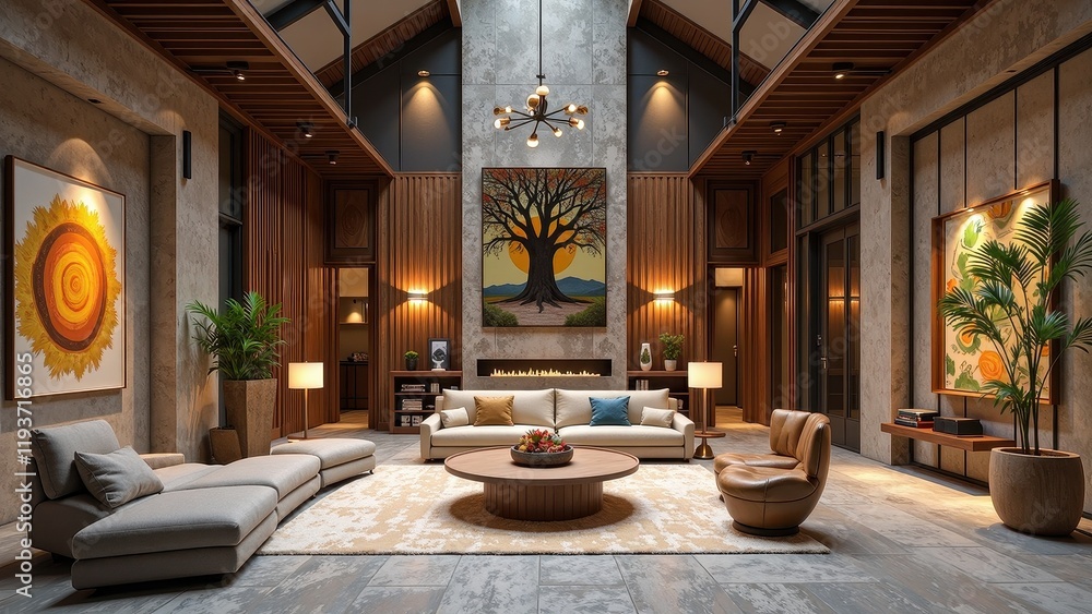 A vivid living room scene captures an eye-level view of a striking painting, featuring a lush tree bathed in a golden sunset against serene blue mountains. It's elegantly displayed on a sleek gray cem