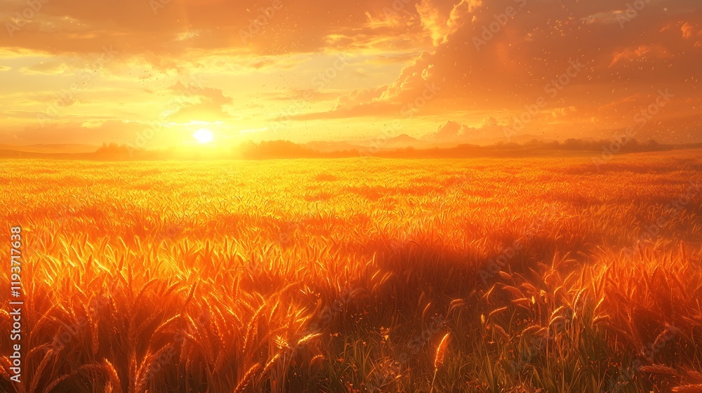 Fototapeta premium Wheat fields at dawn, A depiction of vast wheat fields stretching to the horizon, with golden ears of wheat swaying in the wind and illuminated by soft morning mist