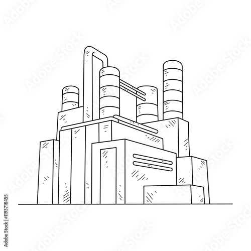 Industrial Factory Complex Line Art - Manufacturing Plant with Smokestacks and Buildings Black and White Architectural Drawing in Minimalist Style. Architectural and building themes design vector. photo