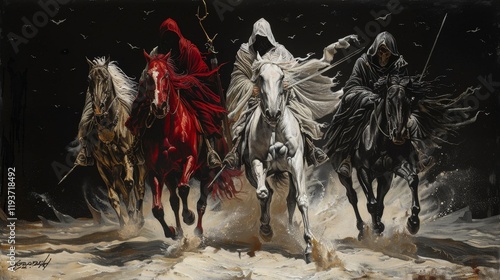 Obraz na płótnie Discover the artistic portrayal of the Four Horsemen of the Apocalypse, powerful mythical figures in legend w salonie