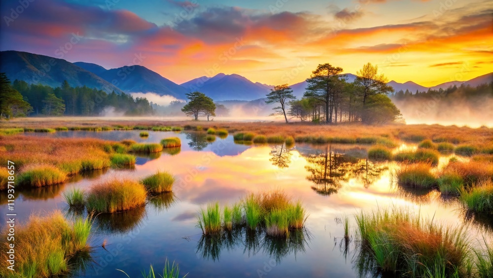 Obraz premium Serene Long Exposure of Senjogahara Marshland, Nikko, Japan at Dawn