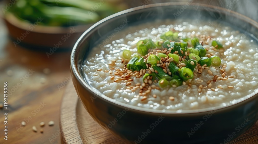 A steaming bowl of congee topped with scallions and sesame seeds, set on a table. A steaming bowl of congee topped with scallions and sesame seeds, set on a table.