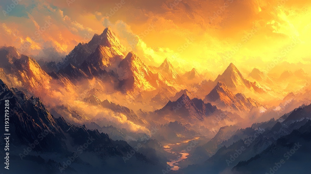Golden sunset illuminates majestic mountain range, clouds and valley. Golden sunset illuminates majestic mountain range, clouds and valley.