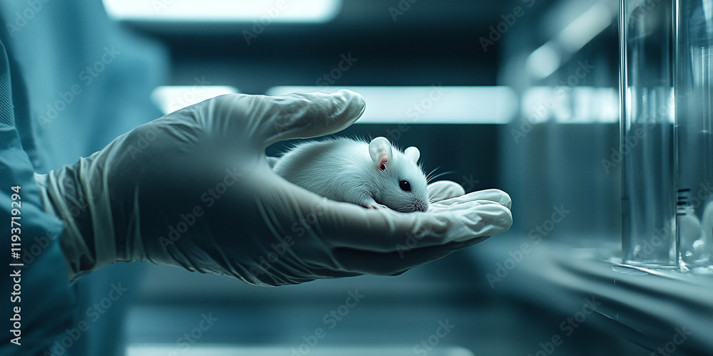 Scientist holding a white laboratory mouse with gloved hands in a controlled environment, symbolizing medical research, biotechnology, and laboratory experimentation. Scientist holding a white laboratory mouse with gloved hands in a controlled environment, symbolizing medical research, biotechnology, and laboratory experimentation.