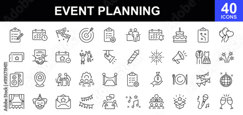 Event planning icon set. Icons in linear style collection. Containing decorations, venue, event planner, registration, entertainment, catering,  invitations, coordination and more. Vector illustration