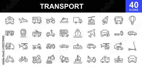 Transport icon set. Vehicle icons. Containing car, bike, plane, train, bicycle, motorbike, bus, scooter, taxi,  helicopter, ship, plane, truck, tow truck, sailboat and more. Vector illustration