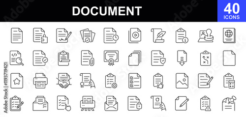 Document icon set. Clipboard outline icons. Containing text documents, files, lists, folders, contracts, and more. Vector illustration