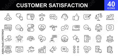 Customer satisfaction icon set. Feedback icons for web and mobile app. Icons in line style collection. Containing recommend, thankful, dislike, gratification, positive feedback and more