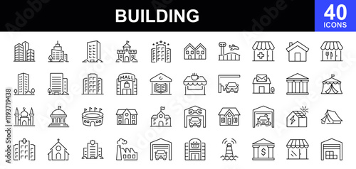 Building icon set. Containing house, office, bank, school, hotel, shop, university, hospital, church, museum, mosque, skyscraper, factory, architecture, city and more. Vector illustration
