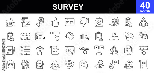 Survey icon set. Containing feedback, opinion, questionnaire, poll, research, data collection, review, satisfaction, answers, task, survey, list, clipboard, unhappy, checklist, and more