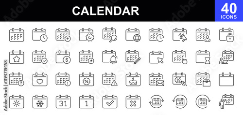 Calendar thin line icons set. Reminder organizer event signs. Calendar notification icons. Containing date, schedule, appointment, agenda, organization, event, and more. Vector illustration