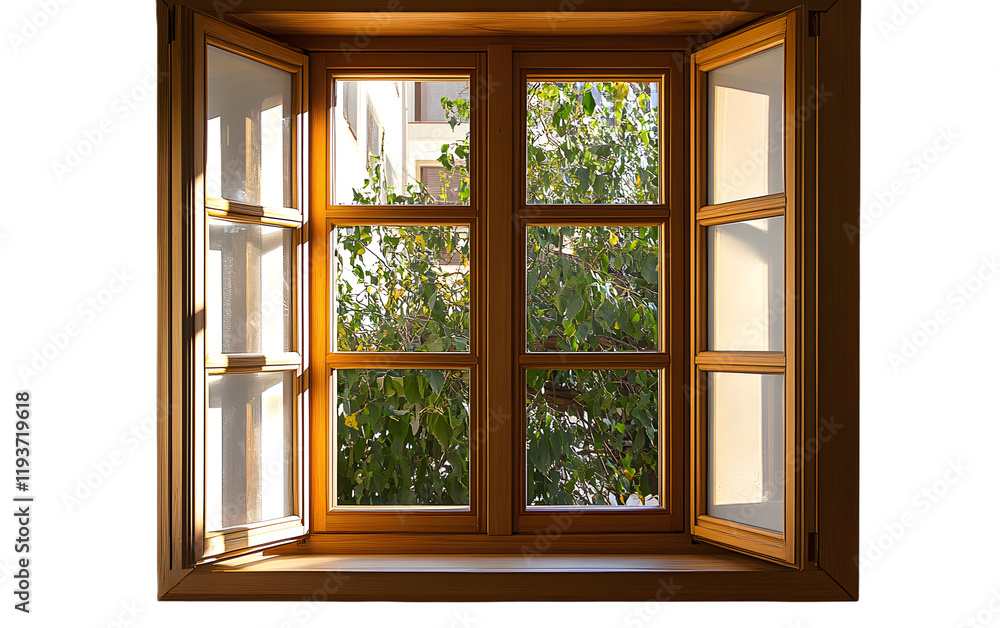 Fototapeta premium A window with a wooden frame is open, letting in light and air