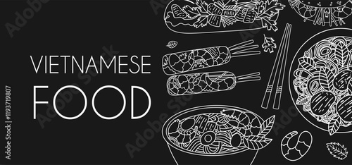 Vietnamese dishes vector doodle background. Traditional Asian cuisine banner.