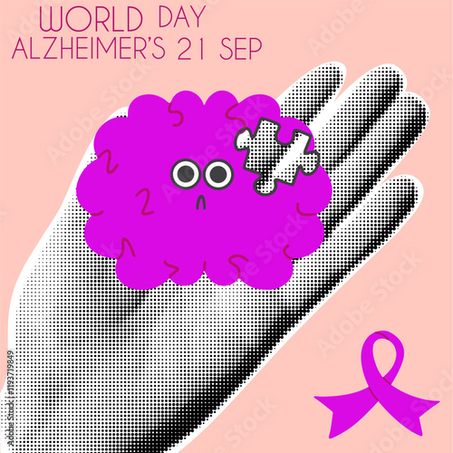 World awareness Alzheimer's day 21 September.  A sad brain with a missing puzzle piece lies on a halftone hand. Conceptual dementia disorder poster.