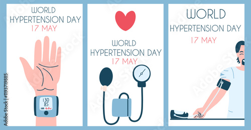 World hypertension day 17 may. Blood pressure measurement vertical posters set.
