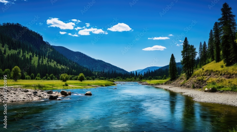 Kootenai River in Northwest Montana. A Leisurely Shot of a Small River under Big Blue Skies Kootenai River in Northwest Montana. A Leisurely Shot of a Small River under Big Blue Skies