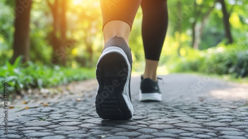Morning fitness walk on a sunlit path in nature