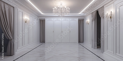 Spacious white wardrobe room with marble flooring, classic wall paneling, and a crystal chandelier, exuding elegance and a luxurious ambiance.