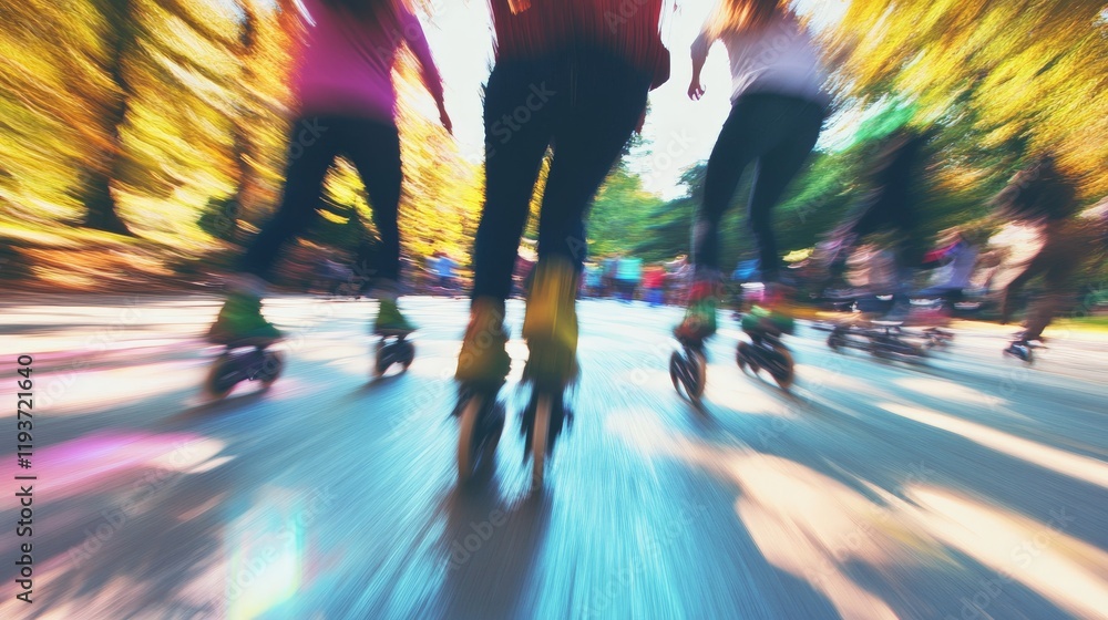 Motion blur of people rollerblading in park Motion blur of people rollerblading in park