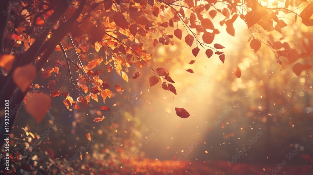 Golden autumn leaves falling from branches in sunlight. Golden autumn leaves falling from branches in sunlight.