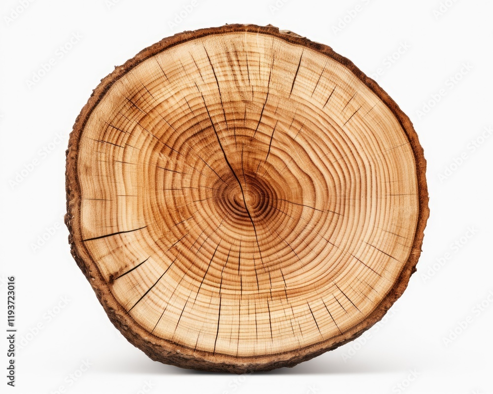 Obraz premium Nature's Texture: Isolated Tree Stump Slice with Wood Grain and Age Rings, Cut Fresh from Forest