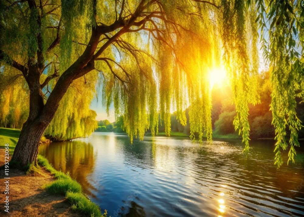 Obraz premium Serene Willow Tree Overhanging River - Peaceful Nature Scene Stock Photo
