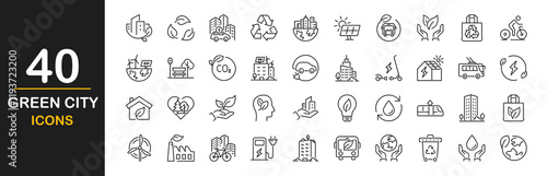 Green city icons set. Contains such icons as environmental, green energy, zero waste, use bike, bio filter, sustainable development, autonomous building, air a quality and more