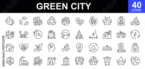 Green city icons set. Contains such icons as environmental, green energy, zero waste, use bike, bio filter, sustainable development, autonomous building, air a quality and more