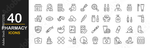 Pharmacy icon set. Containing pharmacy, pills, tablets, drugs, medicine, pharmacist, mortar, cross, protection, syringes, medical laboratory elements and more. Vector illustration
