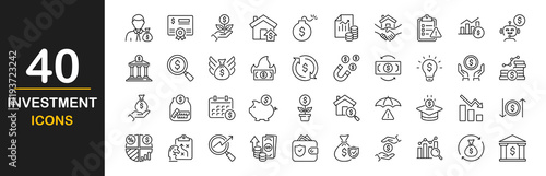Investment icon set. Set of 40 line icons related to investment, investor, risk management, economy, financial gain, money, statistic, data analysis and more. Vector illustration