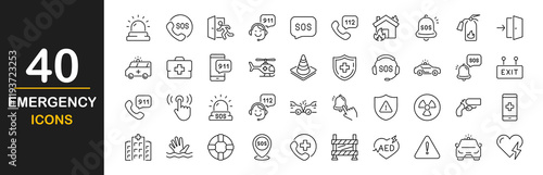 Emergency icon set. Contains such Icons as ambulance, lifebuoy, police, medical, emergency exit, hospital, SOS icons, emergency hotline, Siren, emergency situations and more