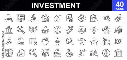 Investment icon set. Set of 40 line icons related to investment, investor, risk management, economy, financial gain, money, statistic, data analysis and more. Vector illustration