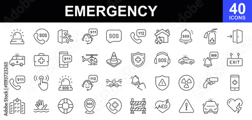 Emergency icon set. Contains such Icons as ambulance, lifebuoy, police, medical, emergency exit, hospital, SOS icons, emergency hotline, Siren, emergency situations and more