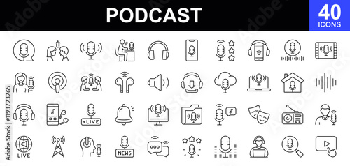 Podcast icons set. Containing audio, microphone, record, podcasting, broadcasting, headphones, internet conference, chat, recording a webinar, Interview and more. Vector illustration