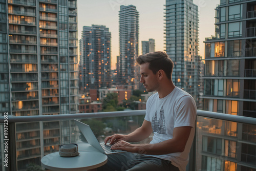 Man in a casual t-shirt sitting on a balcony with his laptop, finalizing an online order