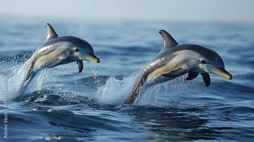 Fototapeta premium Two graceful dolphins leap through the ocean waves, creating a dynamic and joyful scene