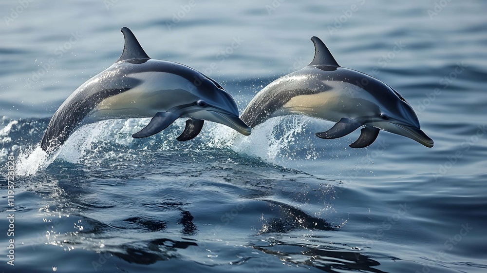 Fototapeta premium Two graceful dolphins leap through the ocean waves, creating a dynamic and joyful scene