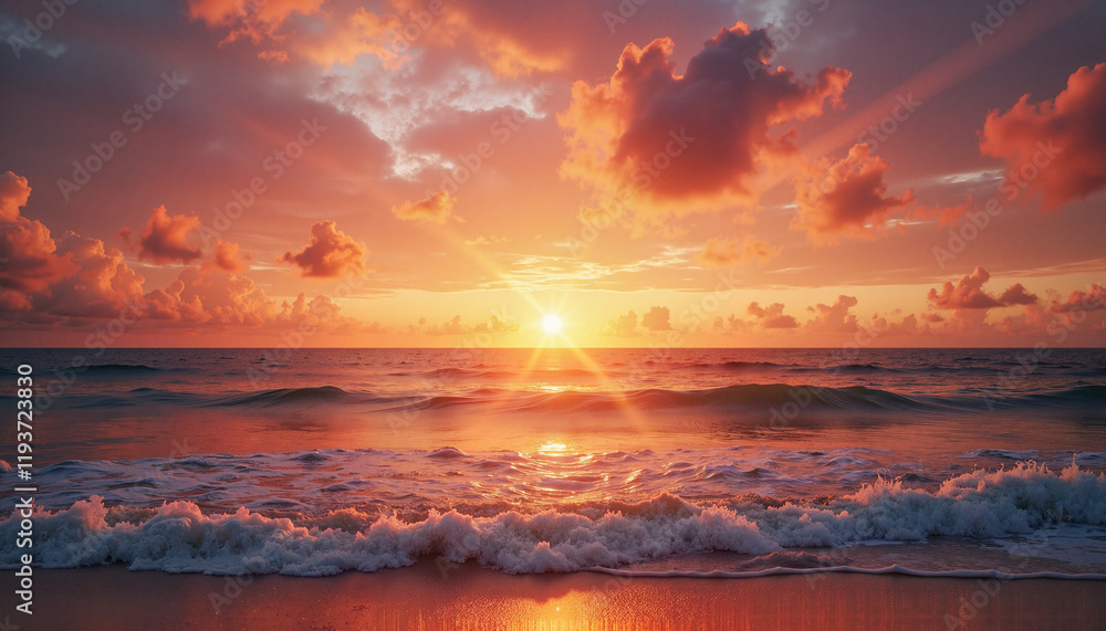 Fototapeta premium Sunset over ocean waves with colorful sky