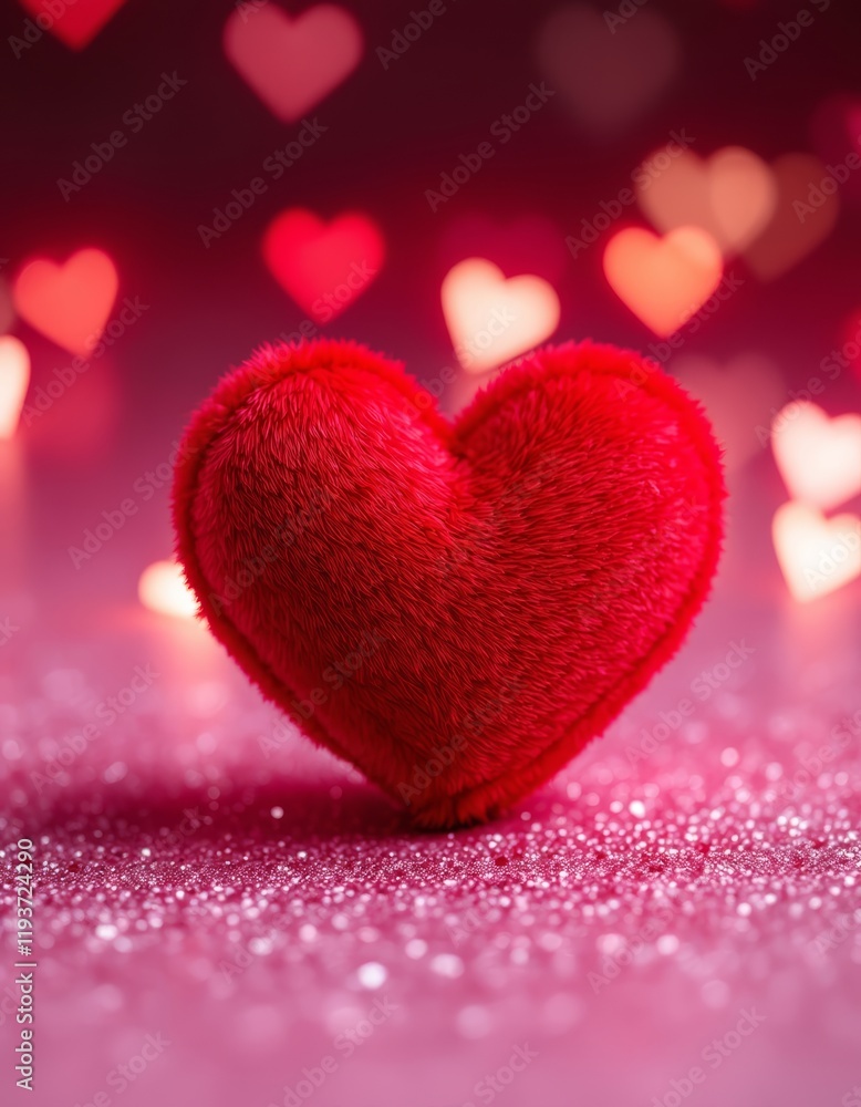 Obraz premium A vibrant red heart pillow on a pink glittery surface, with heart bokeh lights