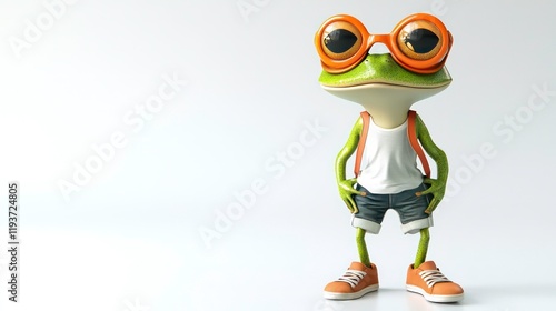 unny frog wearing sneakers, shorts, and a t-shirt, set against a solid white background. This playful and whimsical image is perfect for children's content, cartoons, and lighthearted designs photo