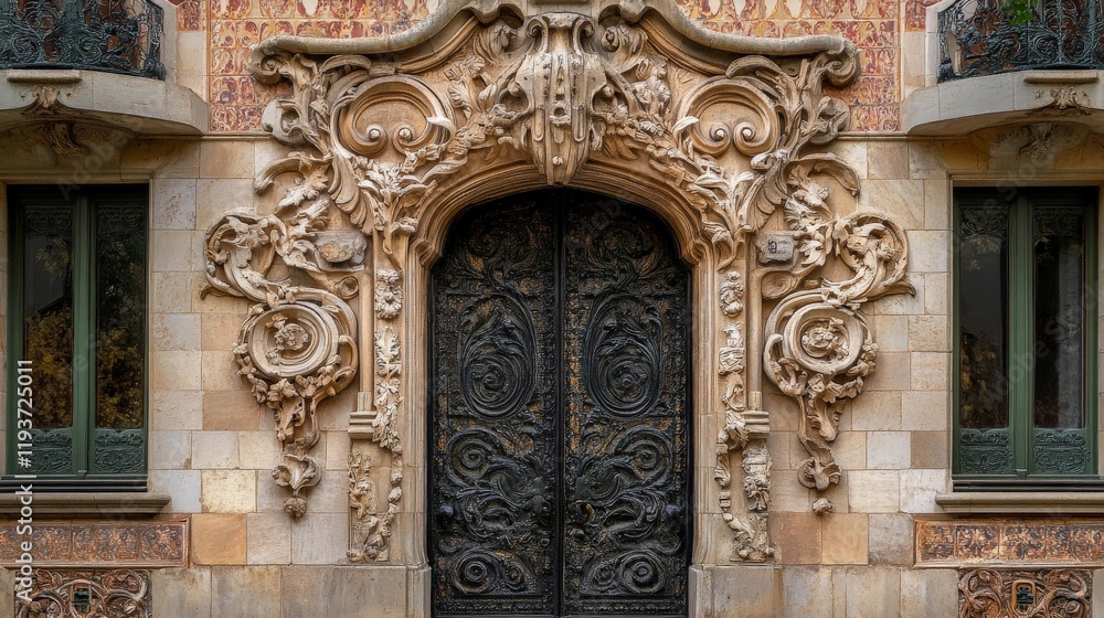 Ornate baroque facade with intricate carvings and decorative metal door Ornate baroque facade with intricate carvings and decorative metal door