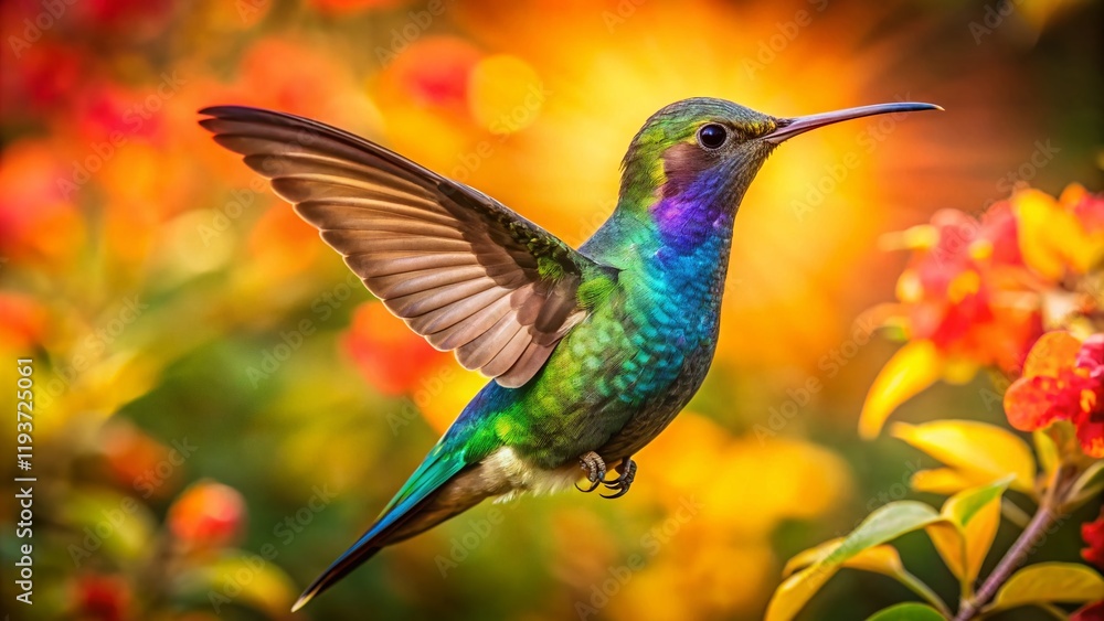 Fototapeta premium Silhouette Broad-billed Hummingbird in Vibrant Mexican Garden Sunset