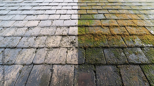 Roof cleaning with high pressure, before and after Workers cleaning the roof moss and dirt with a high pressure cleaner. Roof background before and after cleaning. before and after