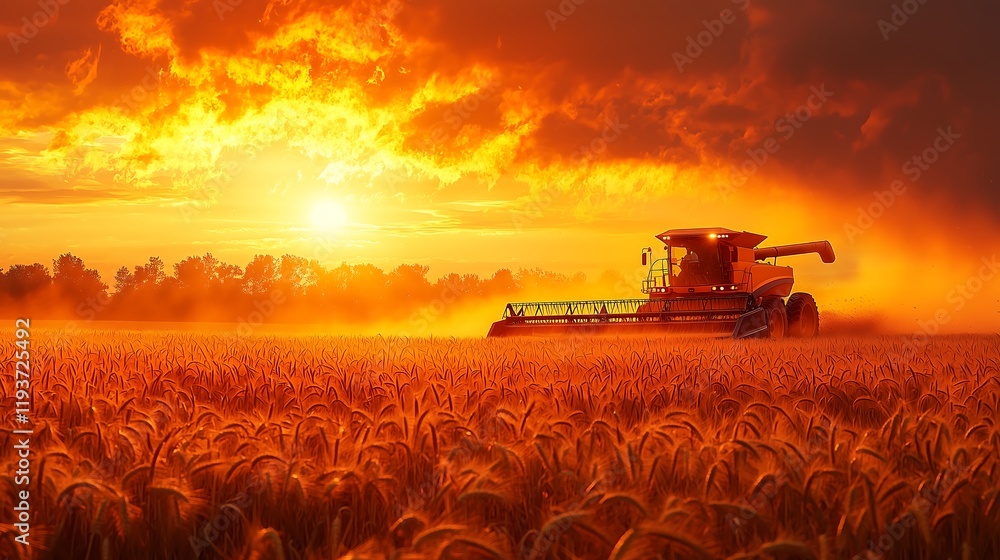 Fototapeta premium Wheat harvest scene with combine harvester, A combine harvester moving through a golden wheat field, while farmers work in the foreground, gathering freshly cut grain